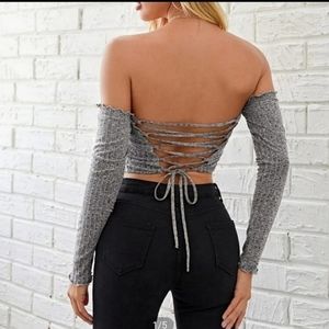 NEW| Shein Off Shoulder Lace Up Backless Crop Top Long Sleeve  Size Medium-Large